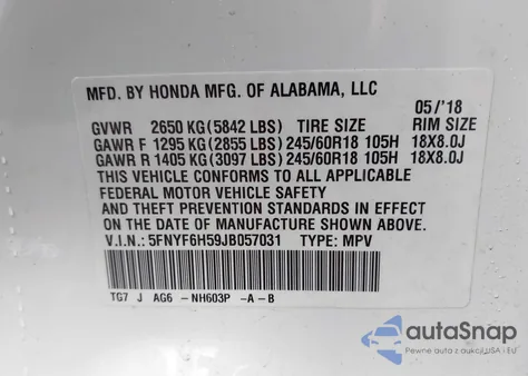 2018 Honda Pilot Ex-L из США, поврежденный, VIN 5FNYF6H59JB057031